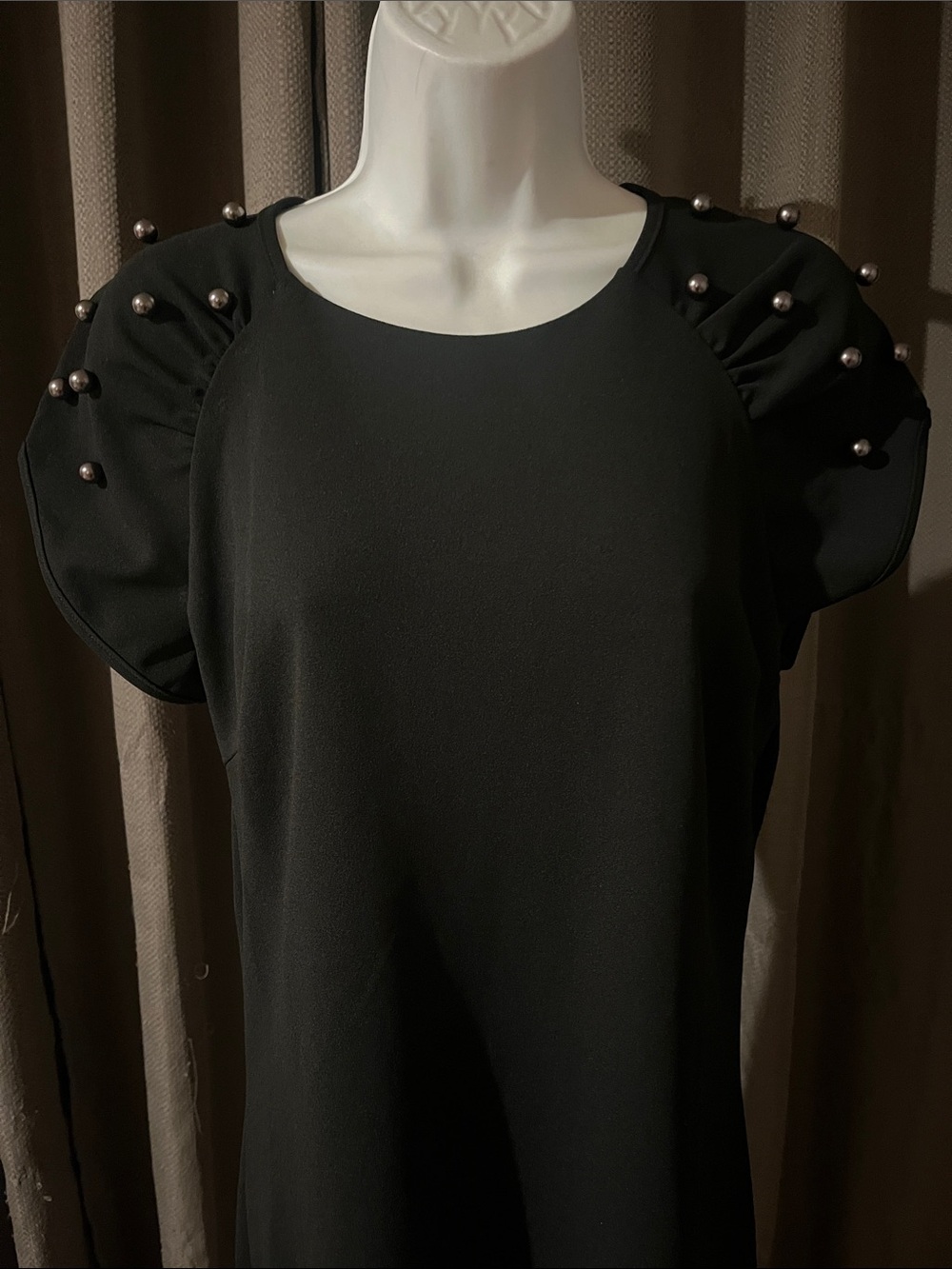 Betsey Johnson Black Shift Dress with Faux Pearl/Stud Embellished Puff Sleeves - Picture 3 of 9